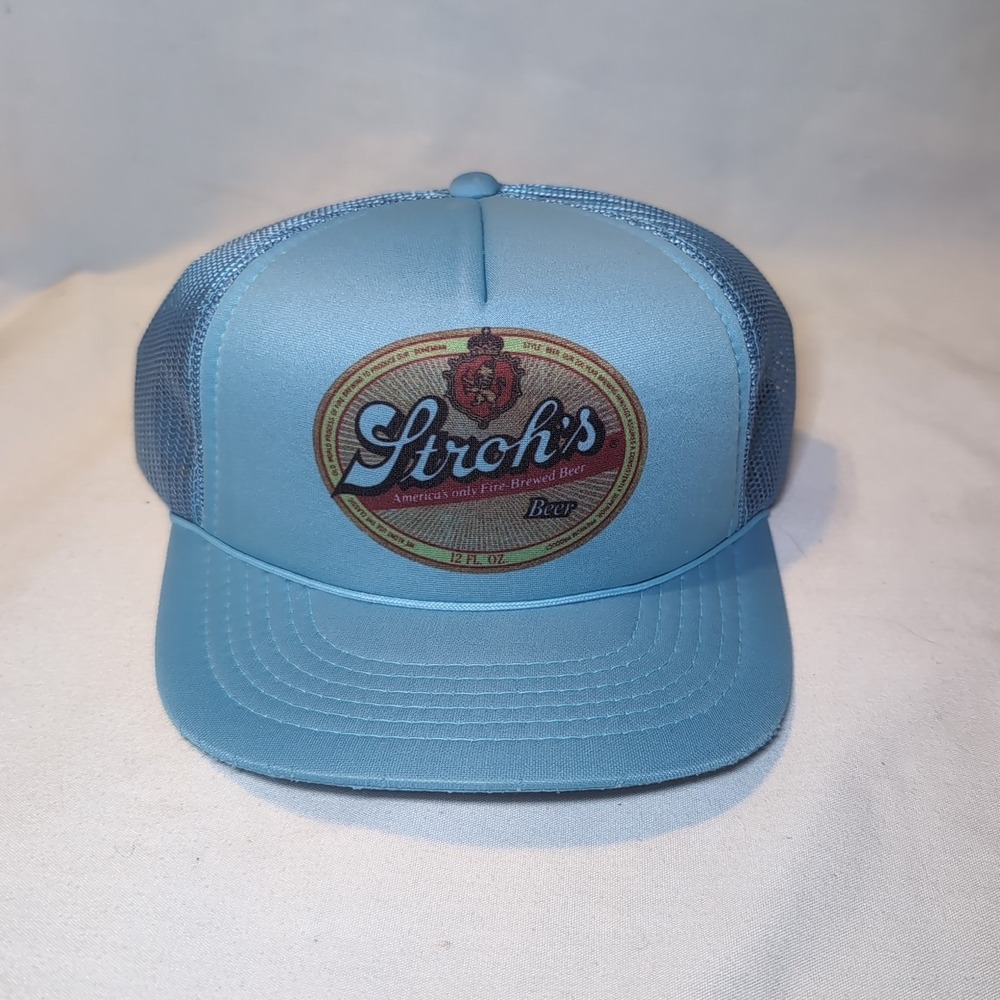 Vintage Rope Bill Truckers Hat Cap "Stroh's" Stroh's Fire Brewing Beer Snap Back